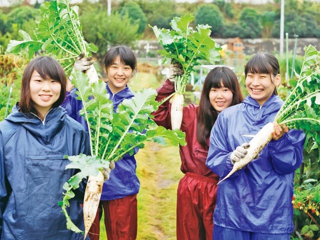 【農園】創立以来続く「野菜づくり」。全学科対象に開講される「共通特論III（農園体験）」で、一人2平方メートルの畑を持ちます。